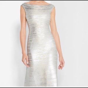 Herve Leger Sophia Woodgrain Silver Metallic Gown